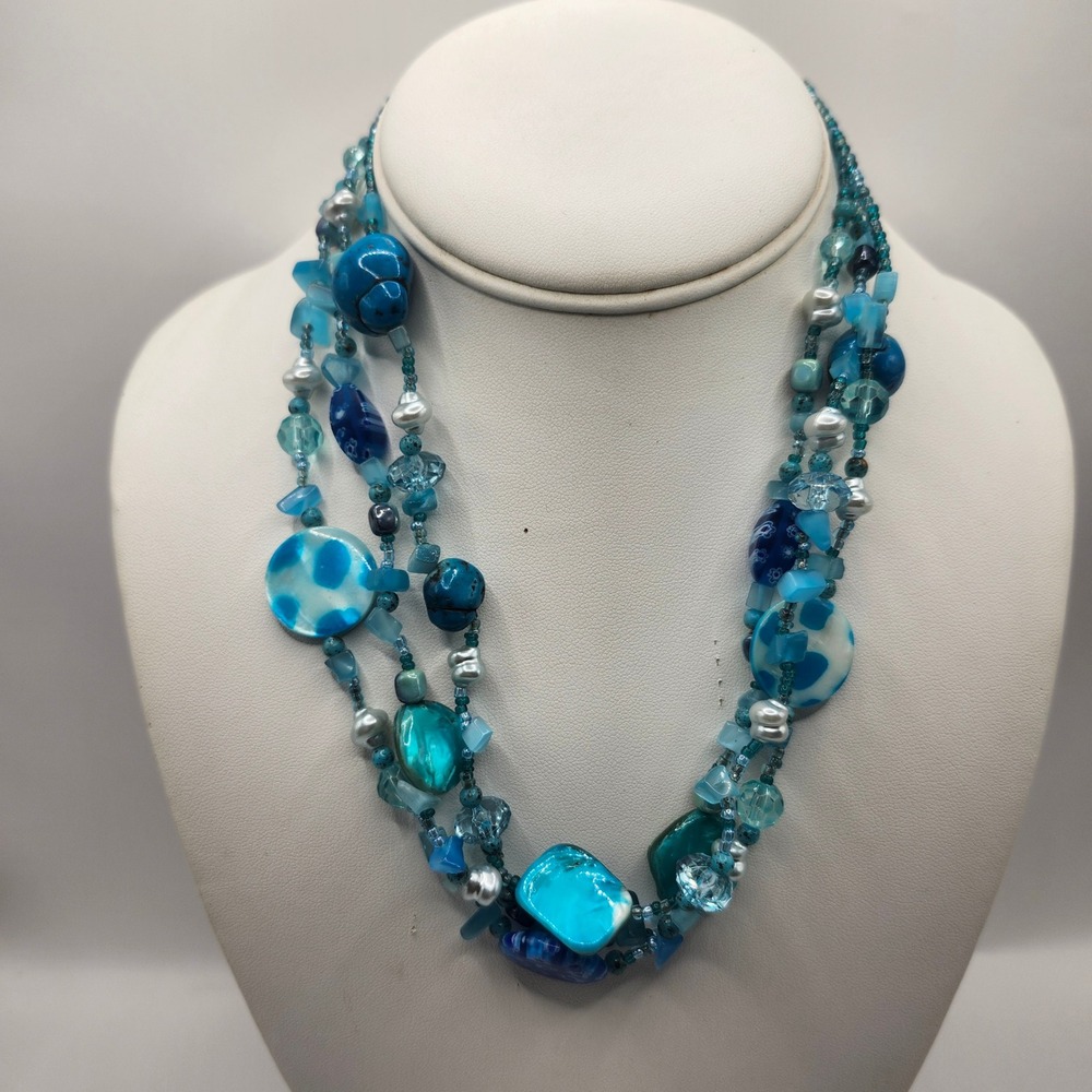 Multi‎ Strand Blue Beaded Statement Necklace Mixed Glass Shell Faux Pearl Boho